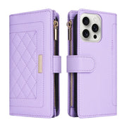 For iPhone 16 Pro Max Crossbody Zipper Wallet Rhombus Leather Phone Case(Purple)