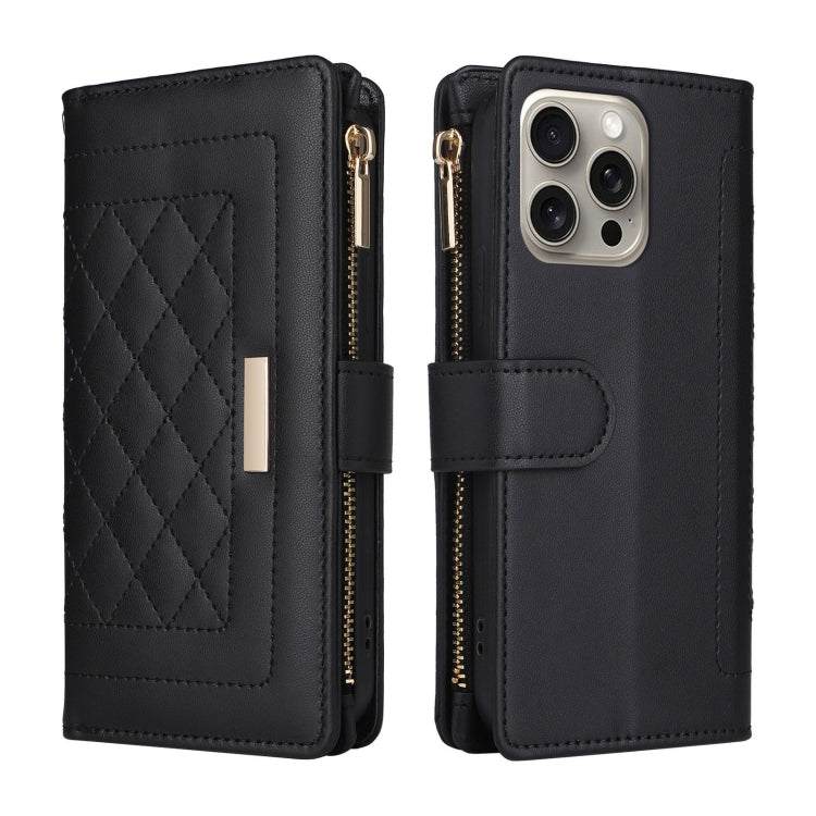 For iPhone 16 Pro Max Crossbody Zipper Wallet Rhombus Leather Phone Case(Black)