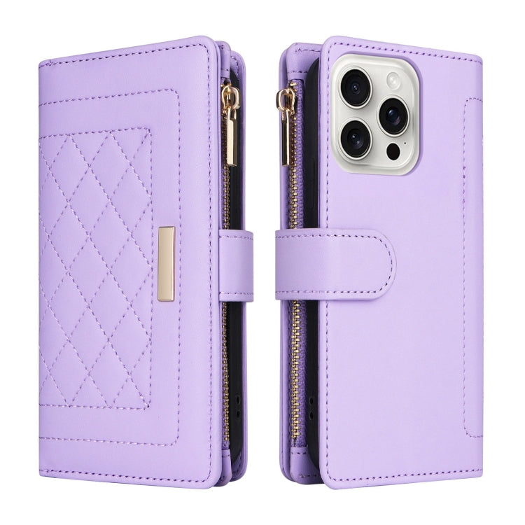 For iPhone 16 Pro Crossbody Zipper Wallet Rhombus Leather Phone Case(Purple)