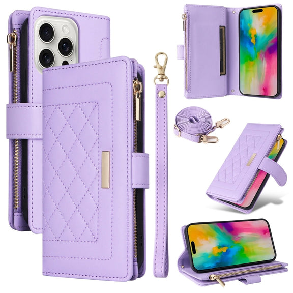 For iPhone 16 Pro Crossbody Zipper Wallet Rhombus Leather Phone Case(Purple)