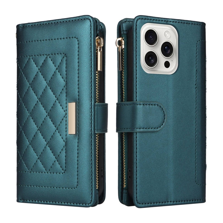 For iPhone 16 Pro Crossbody Zipper Wallet Rhombus Leather Phone Case(Green)