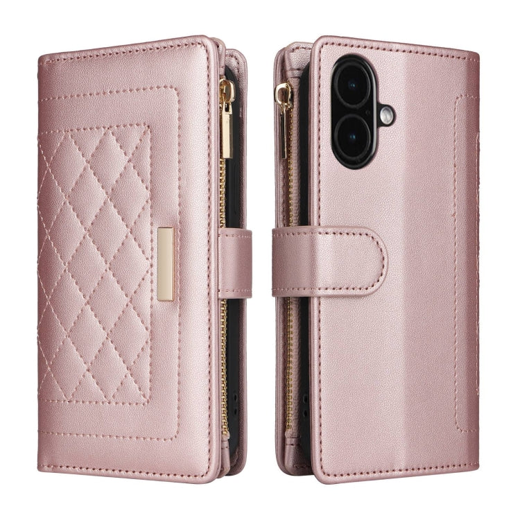 For iPhone 16 Plus Crossbody Zipper Wallet Rhombus Leather Phone Case(Rose Gold)