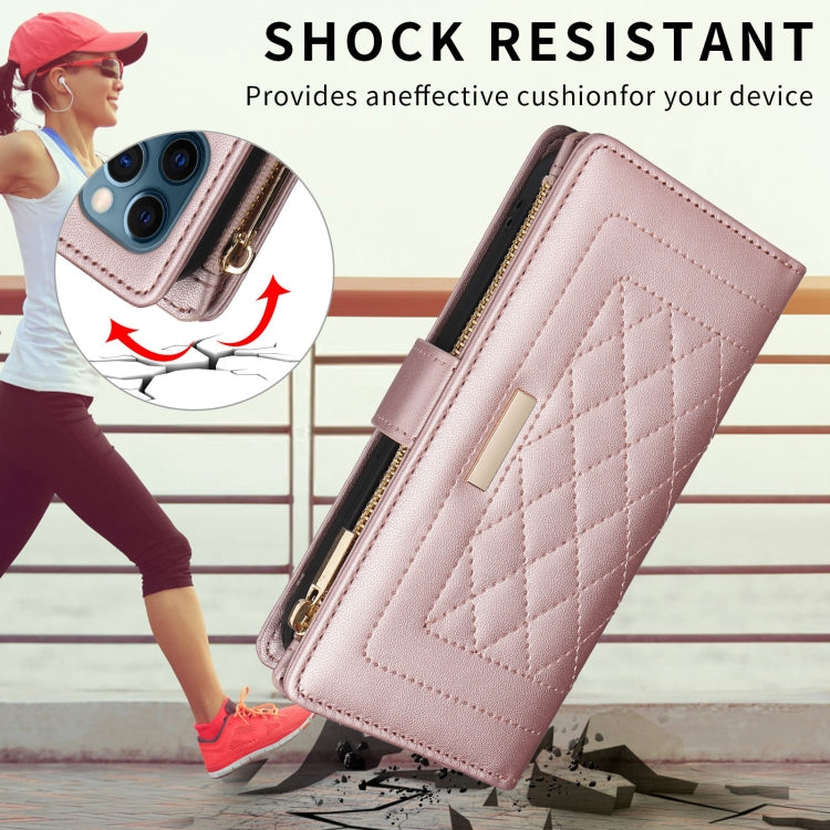 For iPhone 16 Plus Crossbody Zipper Wallet Rhombus Leather Phone Case(Rose Gold)