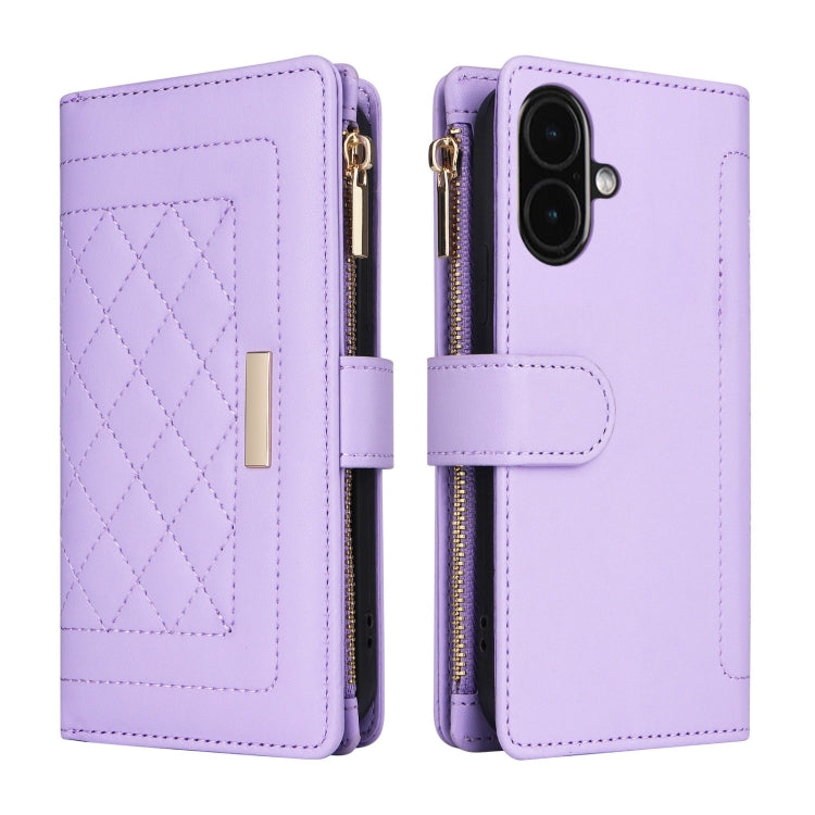 For iPhone 16 Plus Crossbody Zipper Wallet Rhombus Leather Phone Case(Purple)