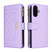 For iPhone 16 Plus Crossbody Zipper Wallet Rhombus Leather Phone Case(Purple)