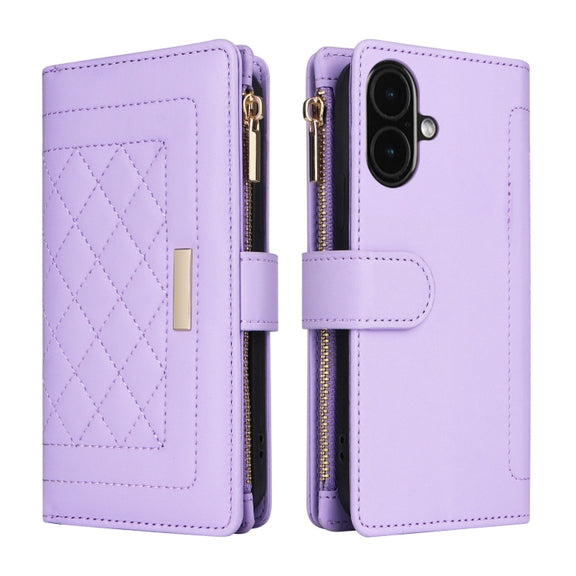 For iPhone 16 Plus Crossbody Zipper Wallet Rhombus Leather Phone Case(Purple)