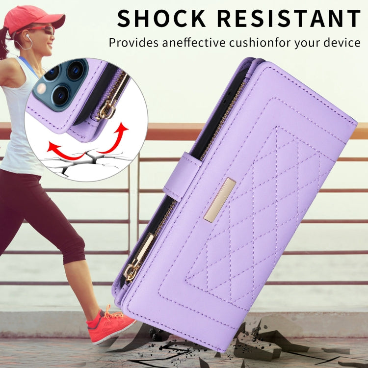For iPhone 16 Plus Crossbody Zipper Wallet Rhombus Leather Phone Case(Purple)
