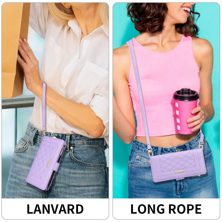 For iPhone 16 Plus Crossbody Zipper Wallet Rhombus Leather Phone Case(Purple)