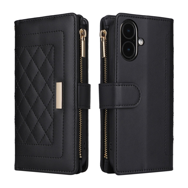 For iPhone 16 Plus Crossbody Zipper Wallet Rhombus Leather Phone Case(Black)