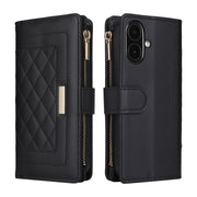 For iPhone 16 Plus Crossbody Zipper Wallet Rhombus Leather Phone Case(Black)
