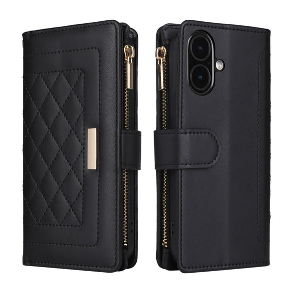 For iPhone 16 Plus Crossbody Zipper Wallet Rhombus Leather Phone Case(Black)