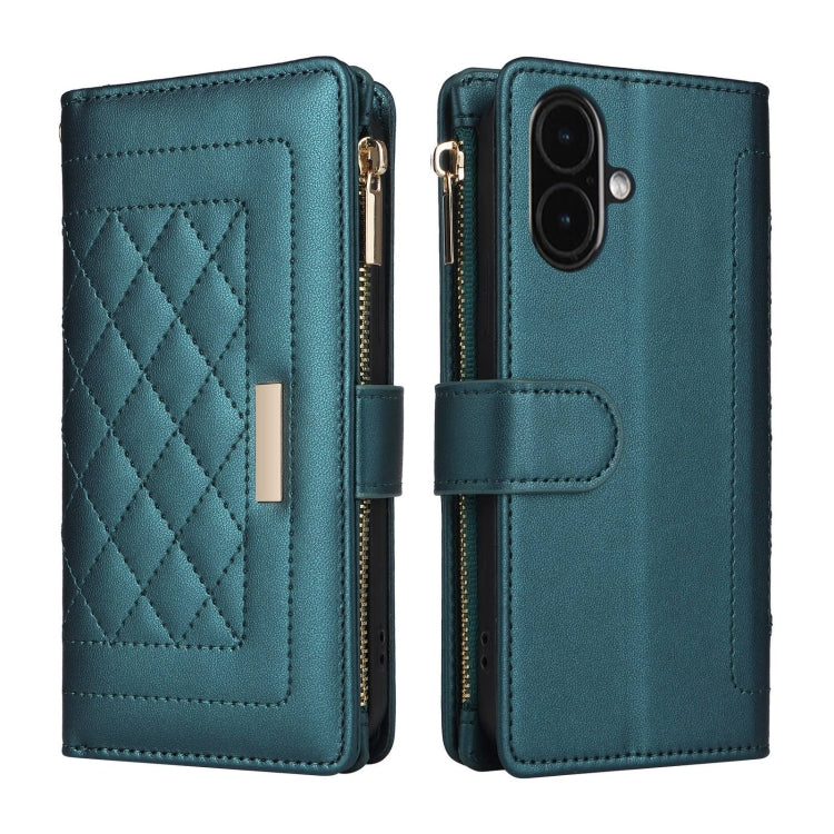 For iPhone 16 Plus Crossbody Zipper Wallet Rhombus Leather Phone Case(Green)