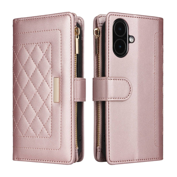 For iPhone 16 Crossbody Zipper Wallet Rhombus Leather Phone Case(Rose Gold)