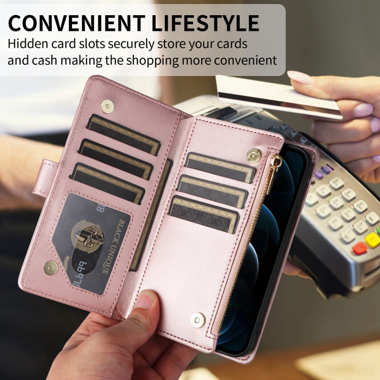 For iPhone 16 Crossbody Zipper Wallet Rhombus Leather Phone Case(Rose Gold)