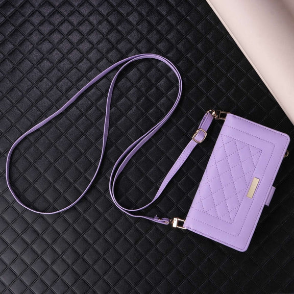 For iPhone 16 Crossbody Zipper Wallet Rhombus Leather Phone Case(Purple)