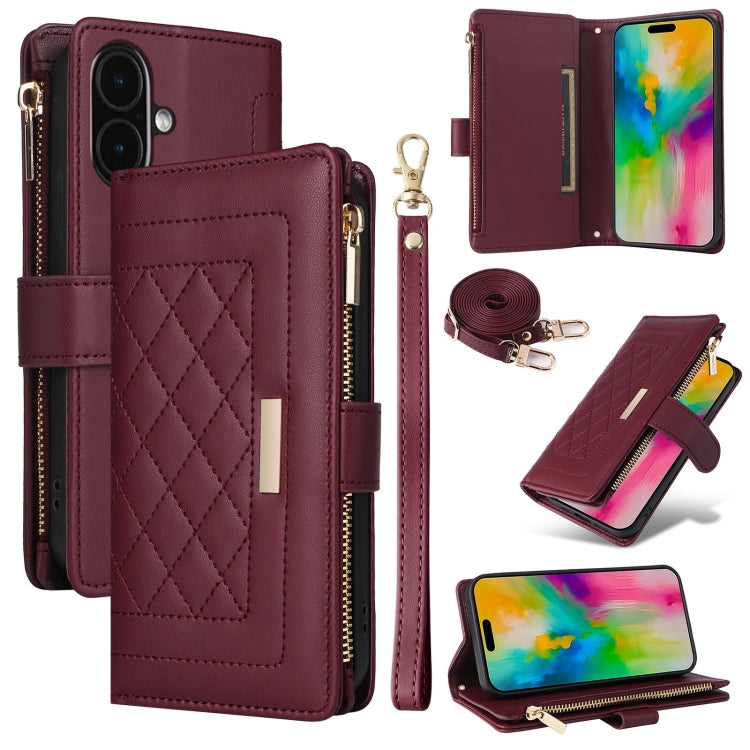 For iPhone 16 Crossbody Zipper Wallet Rhombus Leather Phone Case(Wine Red)
