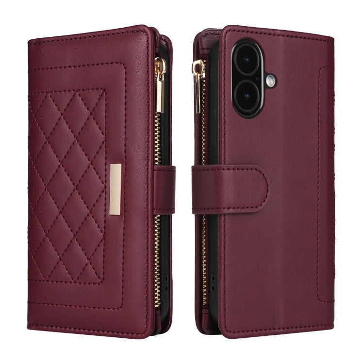 For iPhone 16 Crossbody Zipper Wallet Rhombus Leather Phone Case(Wine Red)