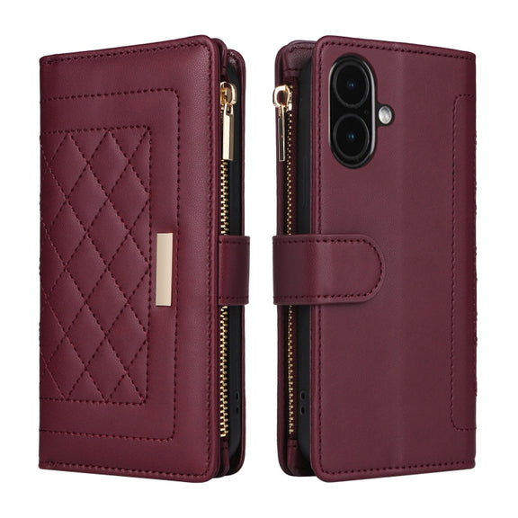 For iPhone 16 Crossbody Zipper Wallet Rhombus Leather Phone Case(Wine Red)