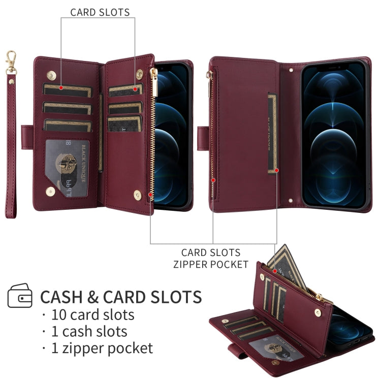 For iPhone 16 Crossbody Zipper Wallet Rhombus Leather Phone Case(Wine Red)