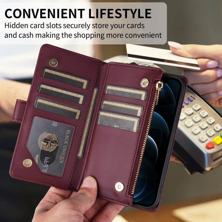 For iPhone 16 Crossbody Zipper Wallet Rhombus Leather Phone Case(Wine Red)