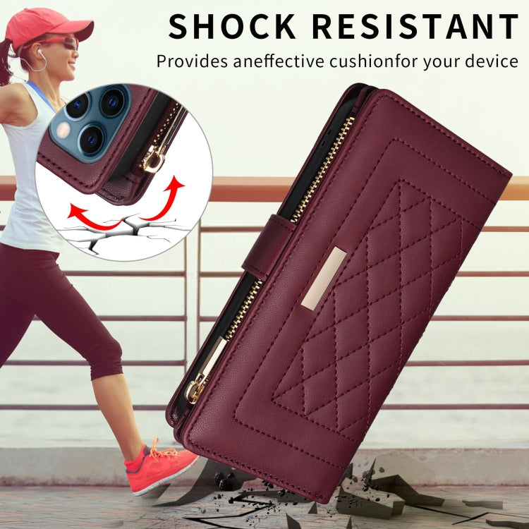 For iPhone 16 Crossbody Zipper Wallet Rhombus Leather Phone Case(Wine Red)