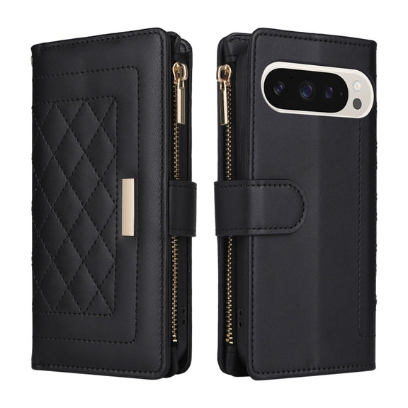 For Google Pixel 9 / 9 Pro Crossbody Zipper Wallet Rhombus Leather Phone Case(Black)