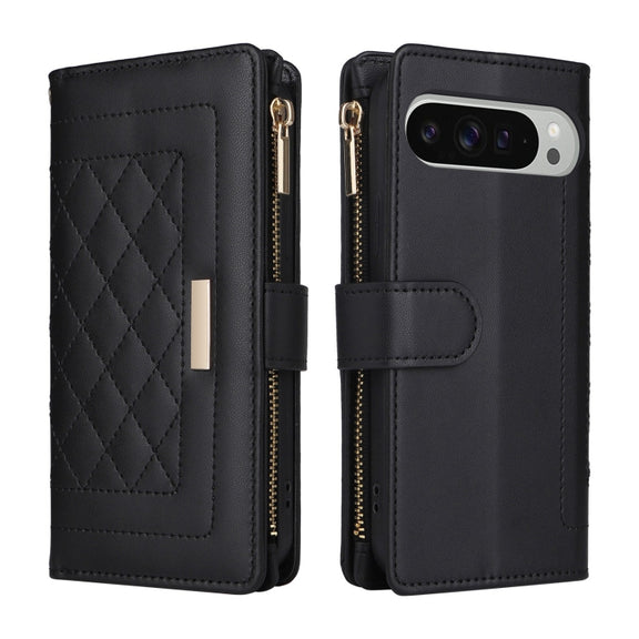 For Google Pixel 9 Pro XL Crossbody Zipper Wallet Rhombus Leather Phone Case(Black)