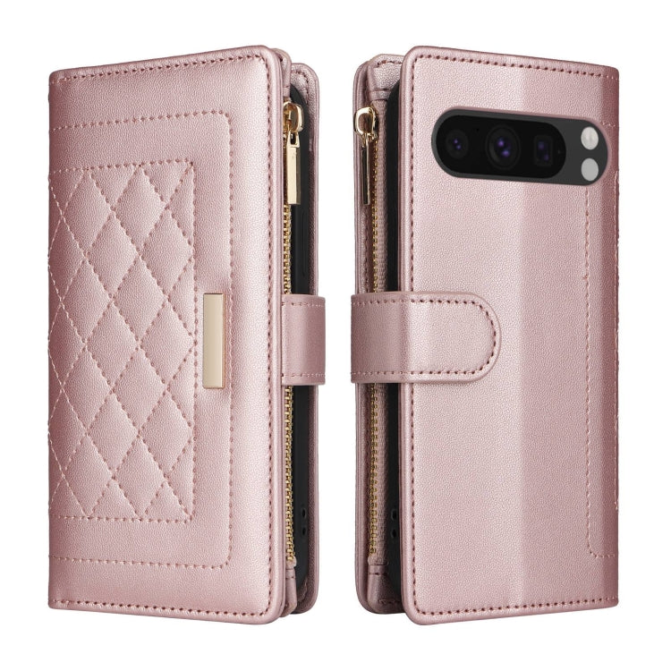 For Google Pixel 8 Pro Crossbody Zipper Wallet Rhombus Leather Phone Case(Rose Gold)