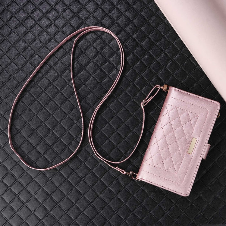 For Google Pixel 8a Crossbody Zipper Wallet Rhombus Leather Phone Case(Rose Gold)