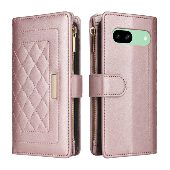 For Google Pixel 8a Crossbody Zipper Wallet Rhombus Leather Phone Case(Rose Gold)