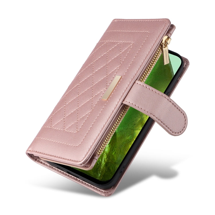 For Google Pixel 8a Crossbody Zipper Wallet Rhombus Leather Phone Case(Rose Gold)