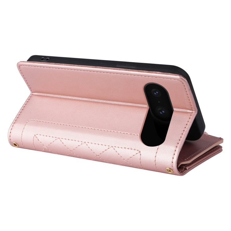 For Google Pixel 8 Crossbody Zipper Wallet Rhombus Leather Phone Case(Rose Gold)