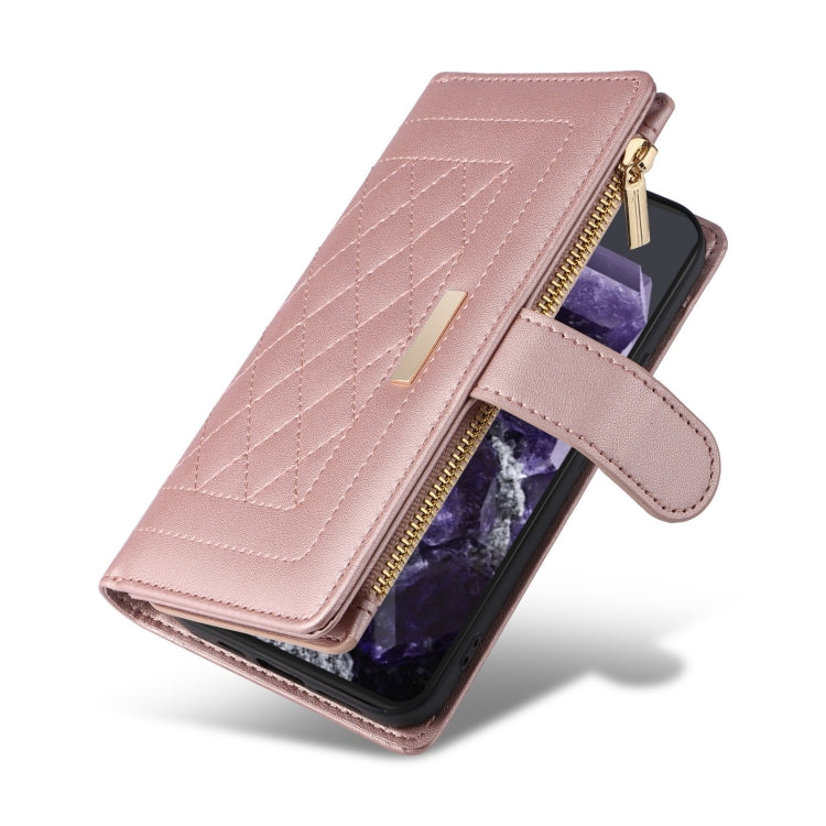 For Google Pixel 8 Crossbody Zipper Wallet Rhombus Leather Phone Case(Rose Gold)