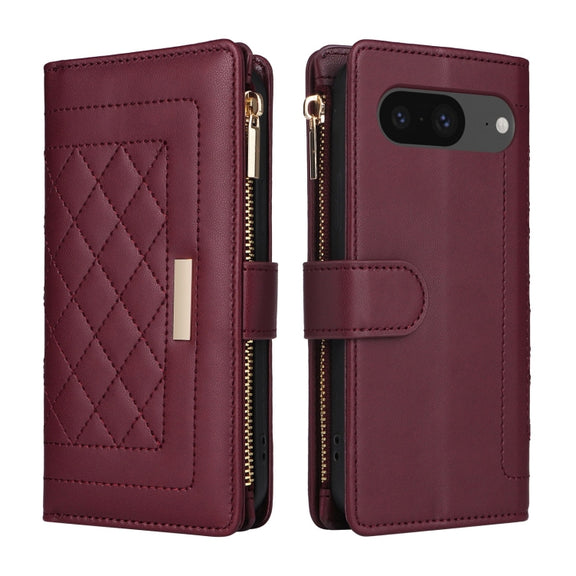 For Google Pixel 8 Crossbody Zipper Wallet Rhombus Leather Phone Case(Wine Red)