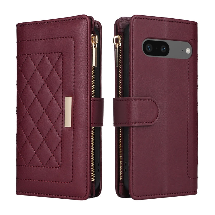 For Google Pixel 7 Crossbody Zipper Wallet Rhombus Leather Phone Case(Wine Red)