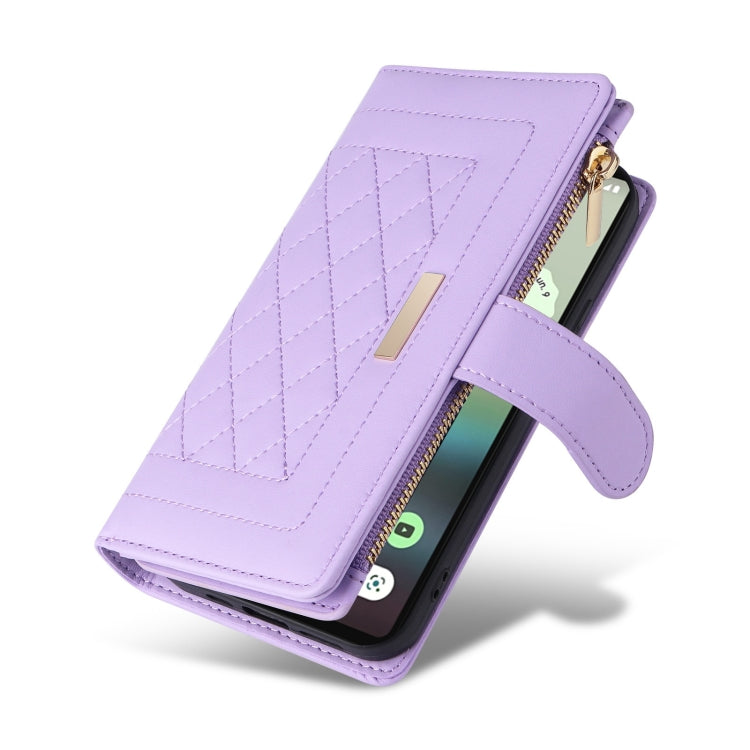 For Google Pixel 7a Crossbody Zipper Wallet Rhombus Leather Phone Case(Purple)