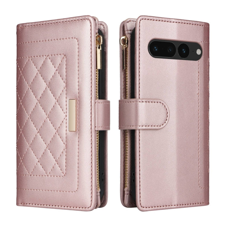 For Google Pixel 7 Pro Crossbody Zipper Wallet Rhombus Leather Phone Case(Rose Gold)