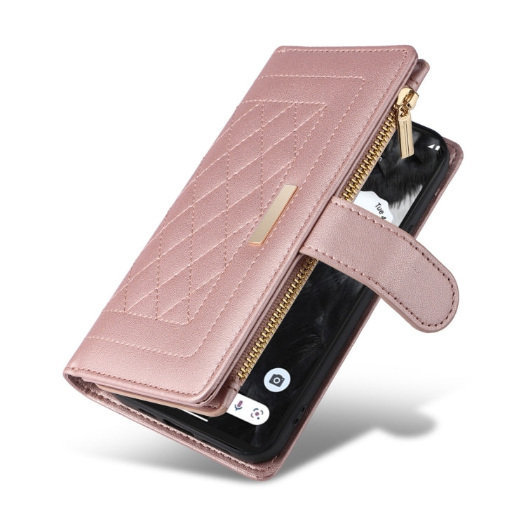 For Google Pixel 7 Pro Crossbody Zipper Wallet Rhombus Leather Phone Case(Rose Gold)