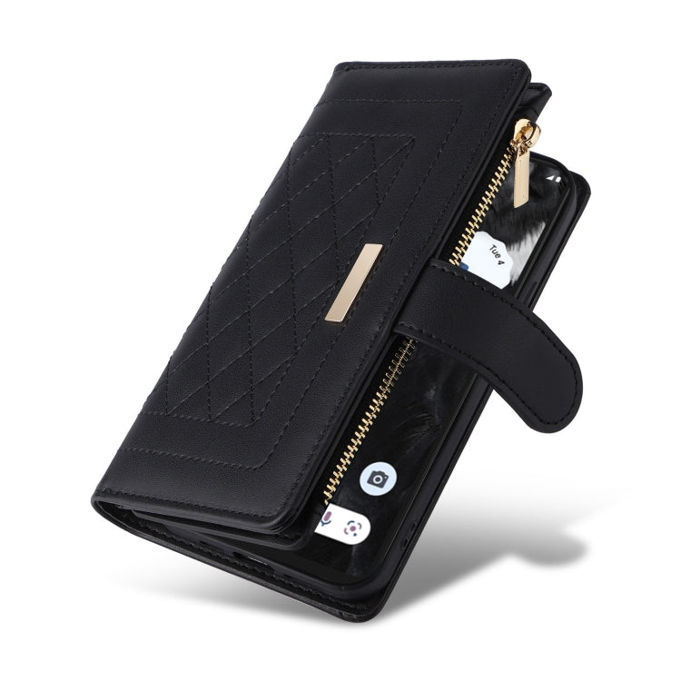 For Google Pixel 7 Pro Crossbody Zipper Wallet Rhombus Leather Phone Case(Black)