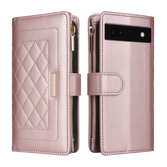 For Google Pixel 6a Crossbody Zipper Wallet Rhombus Leather Phone Case(Rose Gold)