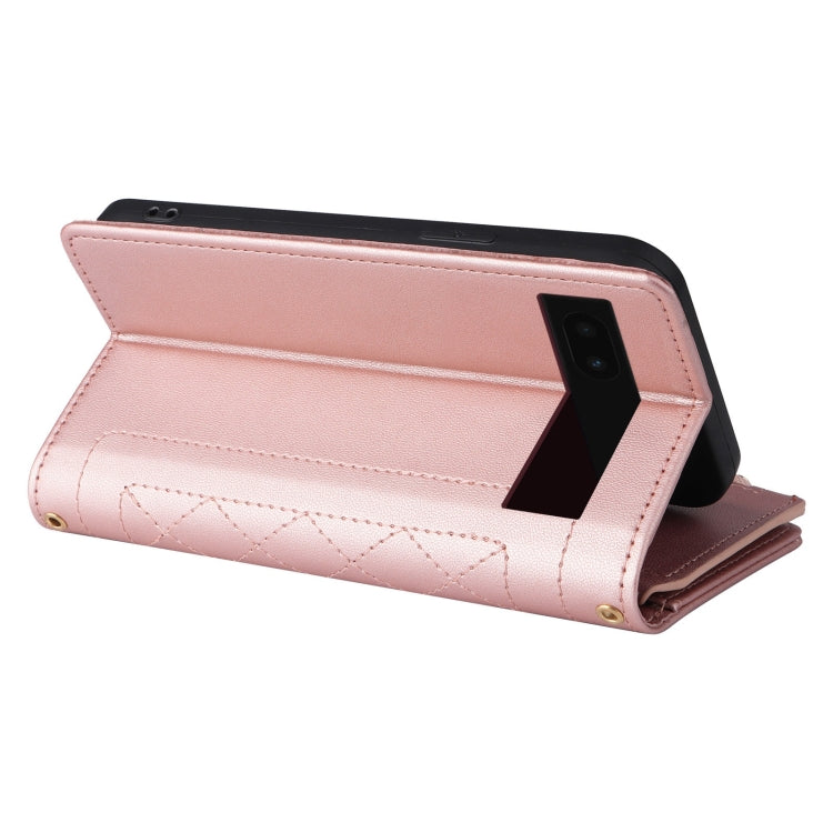 For Google Pixel 6a Crossbody Zipper Wallet Rhombus Leather Phone Case(Rose Gold)