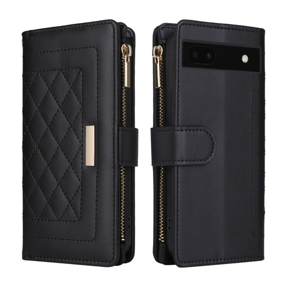 For Google Pixel 6a Crossbody Zipper Wallet Rhombus Leather Phone Case(Black)