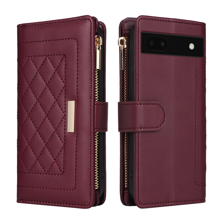 For Google Pixel 6a Crossbody Zipper Wallet Rhombus Leather Phone Case(Wine Red)