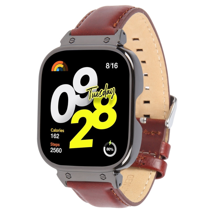 For Redmi Watch 4 Metal Black Frame Genuine Leather Watch Band(Wine Red)