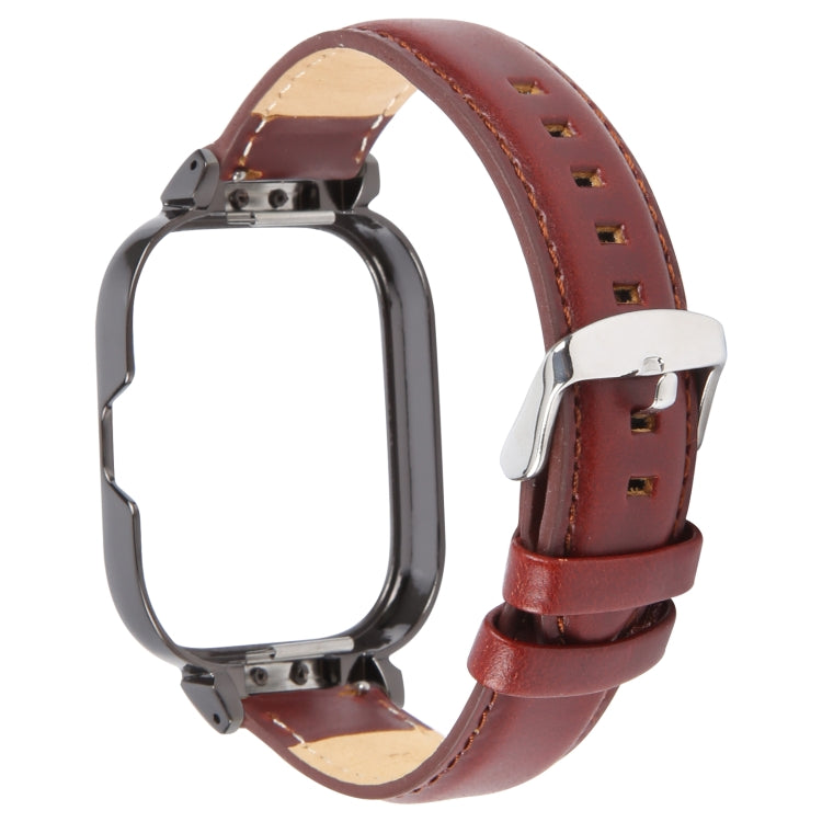 For Redmi Watch 4 Metal Black Frame Genuine Leather Watch Band(Wine Red)