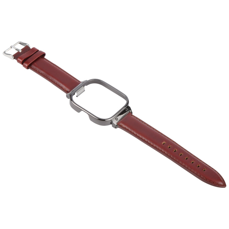 For Redmi Watch 4 Metal Black Frame Genuine Leather Watch Band(Wine Red)