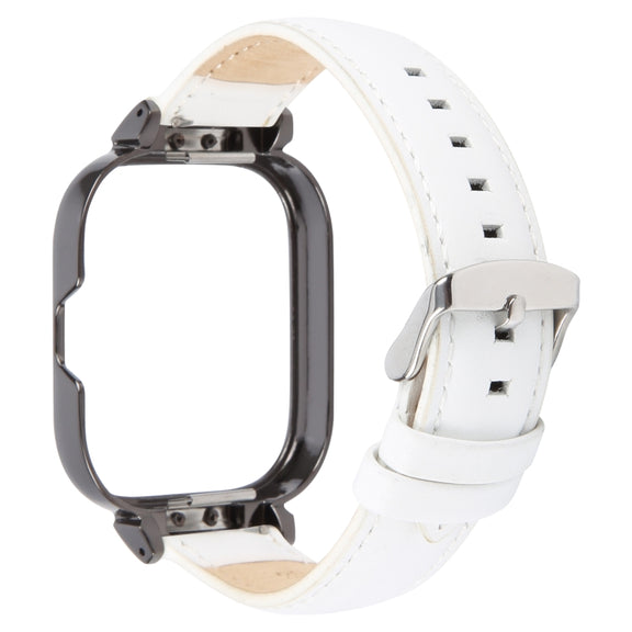 For Redmi Watch 4 Metal Black Frame Genuine Leather Watch Band(White)