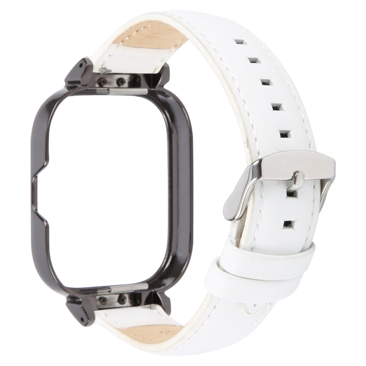 For Redmi Watch 4 Metal Black Frame Genuine Leather Watch Band(White)