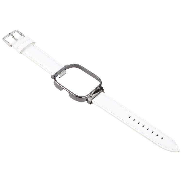 For Redmi Watch 4 Metal Black Frame Genuine Leather Watch Band(White)