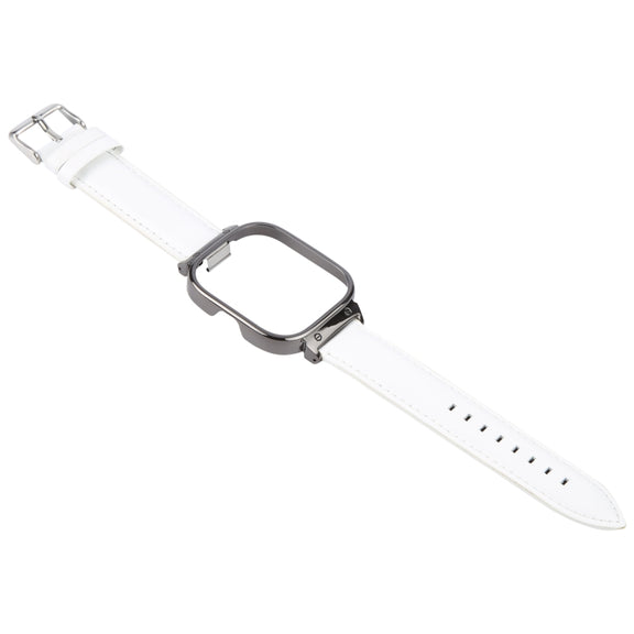 For Redmi Watch 4 Metal Black Frame Genuine Leather Watch Band(White)